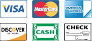 We Accept Visa, MasterCard, Discover, AmEx, Cash, Check